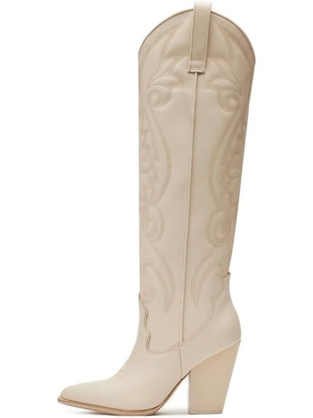 Women's White Knee High Cowgirl Boots Pointed Toe Chunky High Heels Pull-on